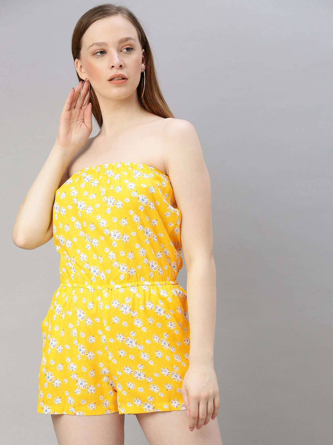 Sera Women Yellow & White Printed Off Shoulder Playsuit Price in India