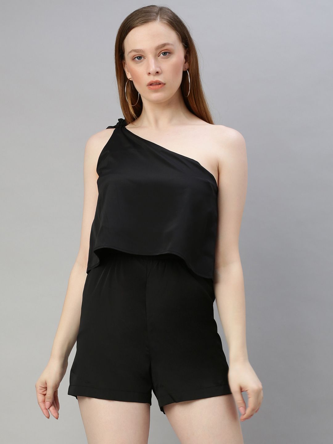 Sera Women Black Solid Playsuit with One shoulder Side Knot Price in India