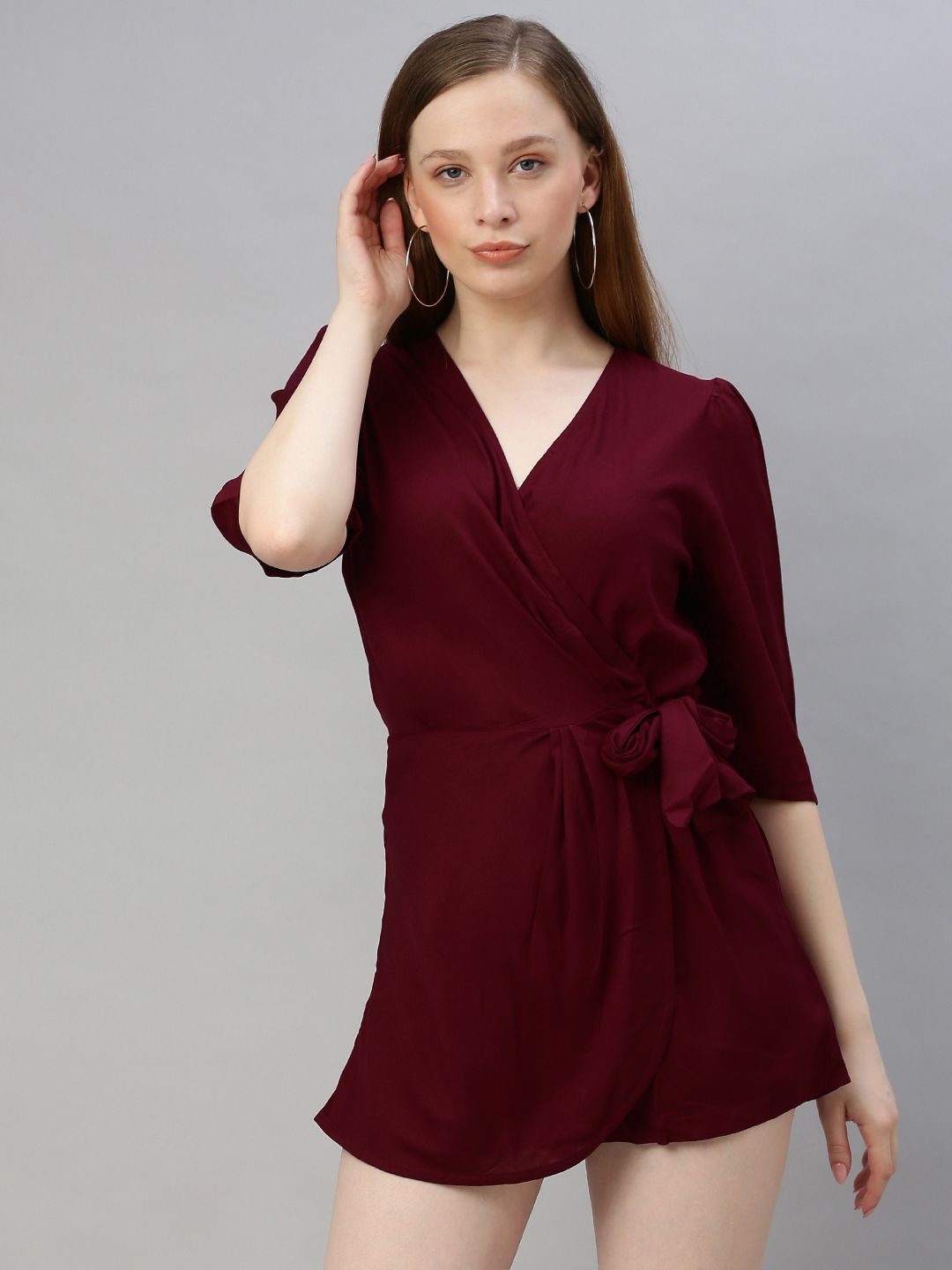Sera Women Burgundy Solid Playsuit with Side Knot Price in India