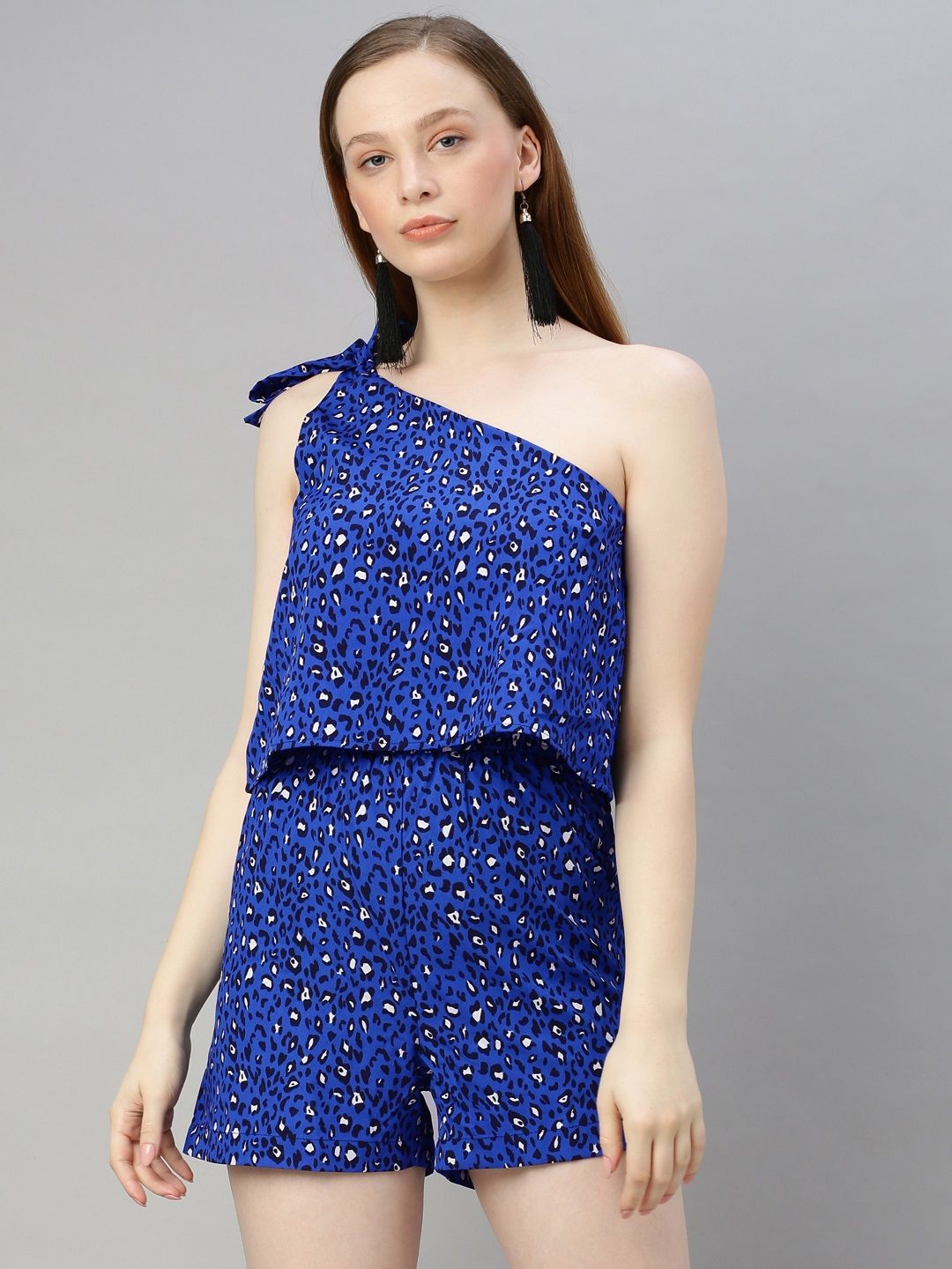 Sera Women Blue & White Printed Playsuit with One shoulder Side Knot Price in India