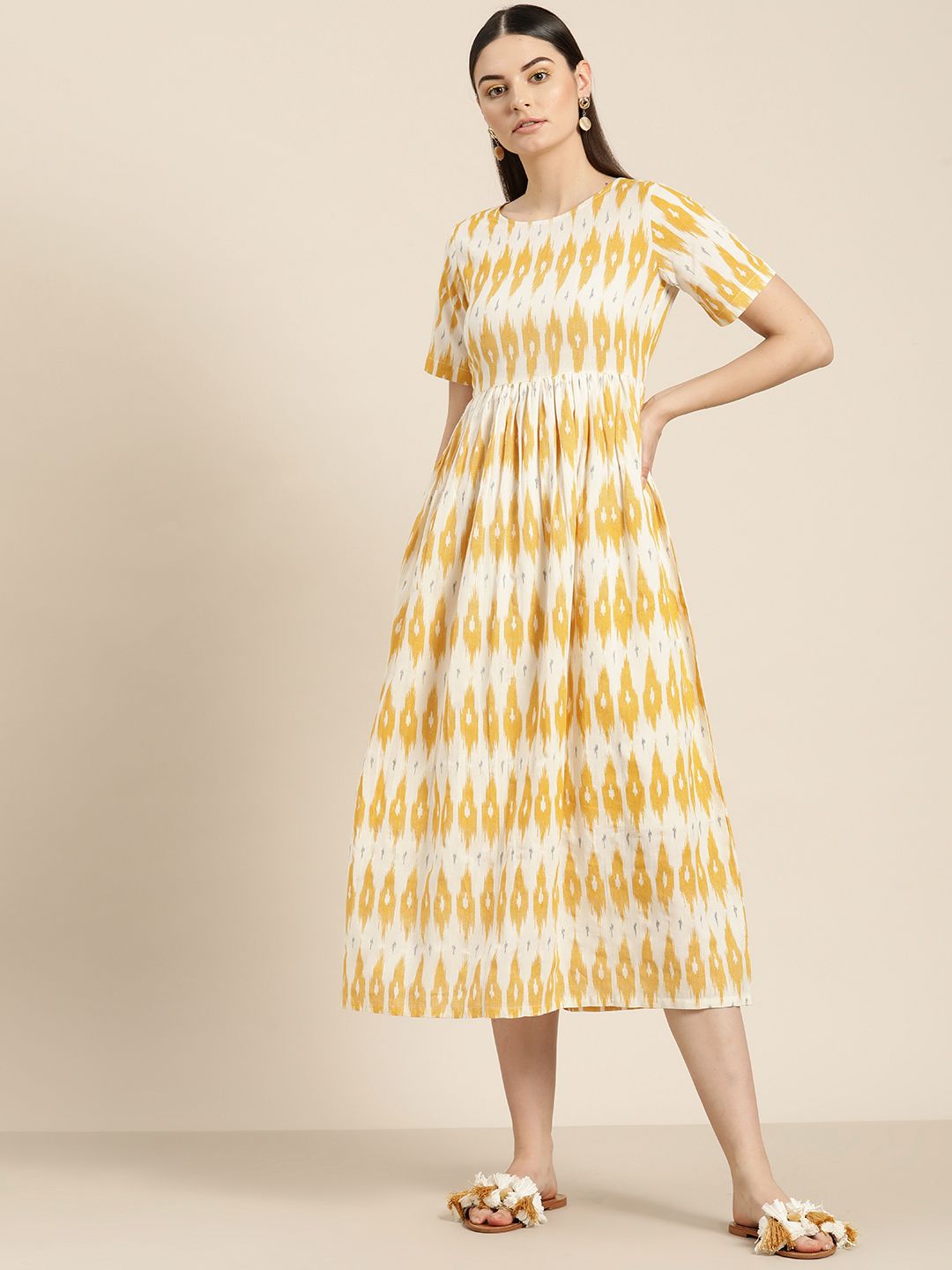 Shae by SASSAFRAS Women Off-White & Mustard Yellow Ikat Print A-Line Dress