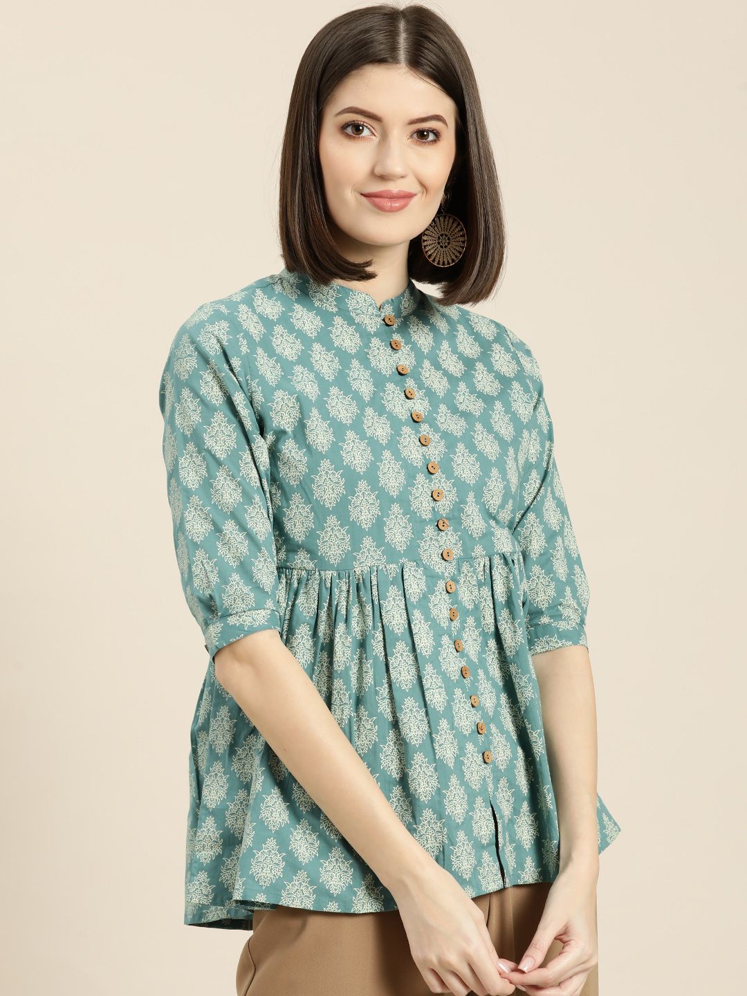Shae by SASSAFRAS Women Teal Blue & Off-White Printed A-Line Pure Cotton Top Price in India