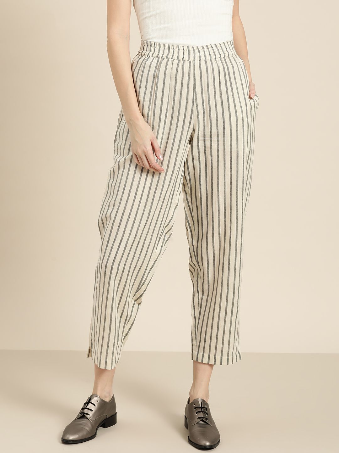 Shae by SASSAFRAS Women Off-White & Grey Regular Fit Striped Cropped Trousers Price in India