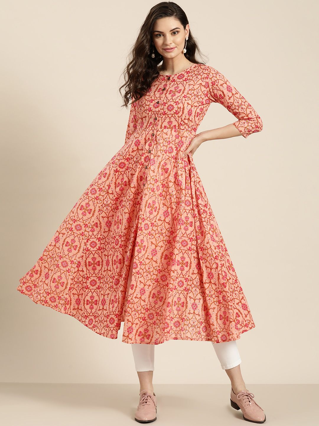 Shae by SASSAFRAS Women Peach-Coloured & Pink Printed Anarkali Kurta Price in India