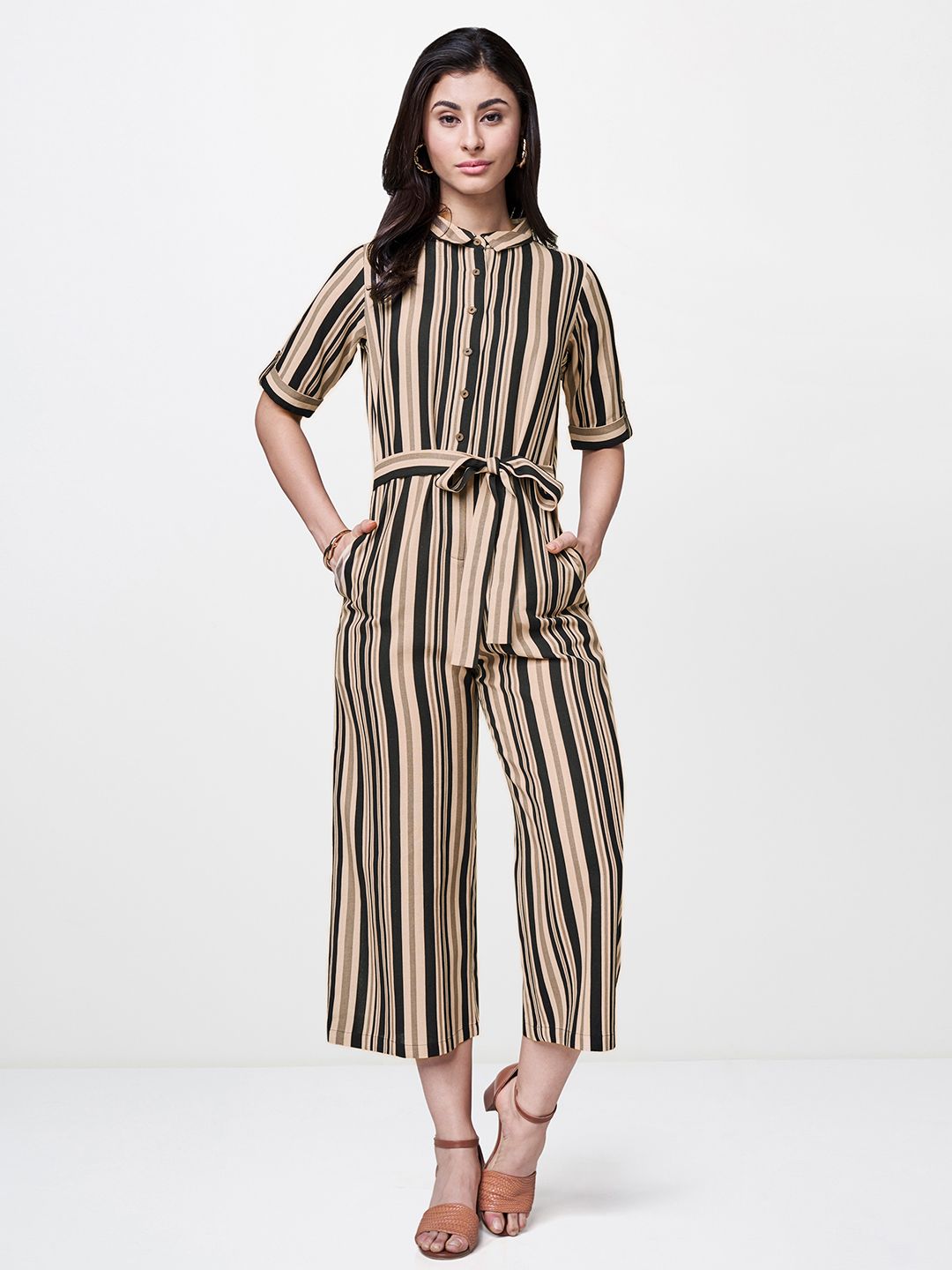 AND Women Beige & Black Striped Culotte Jumpsuit with Waist Tie-Ups Price in India