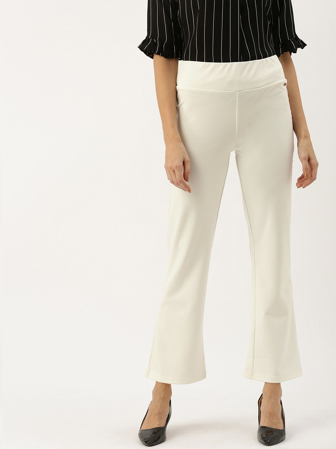 AND Women Off-White Regular Fit Solid Regular Trousers