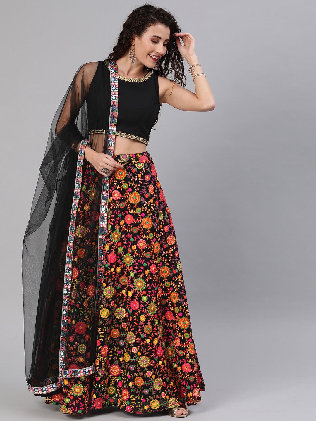 Bollywood Vogue Black & Multicoloured Solid Made to Measure Lehenga & Blouse with Dupatta