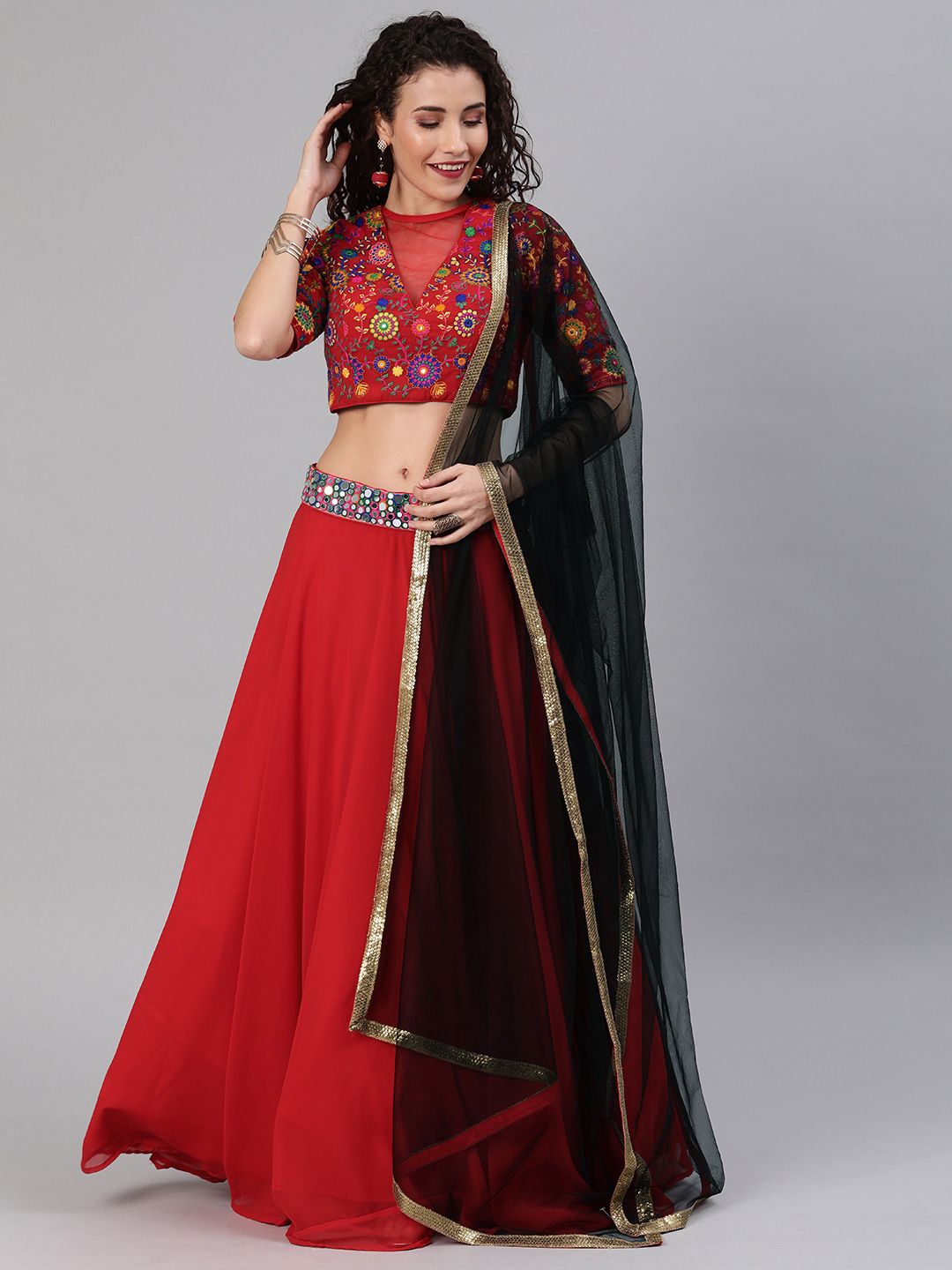 EthnoVogue Red & Black Embroidered Made to Measure Lehenga & Blouse with Dupatta Price in India