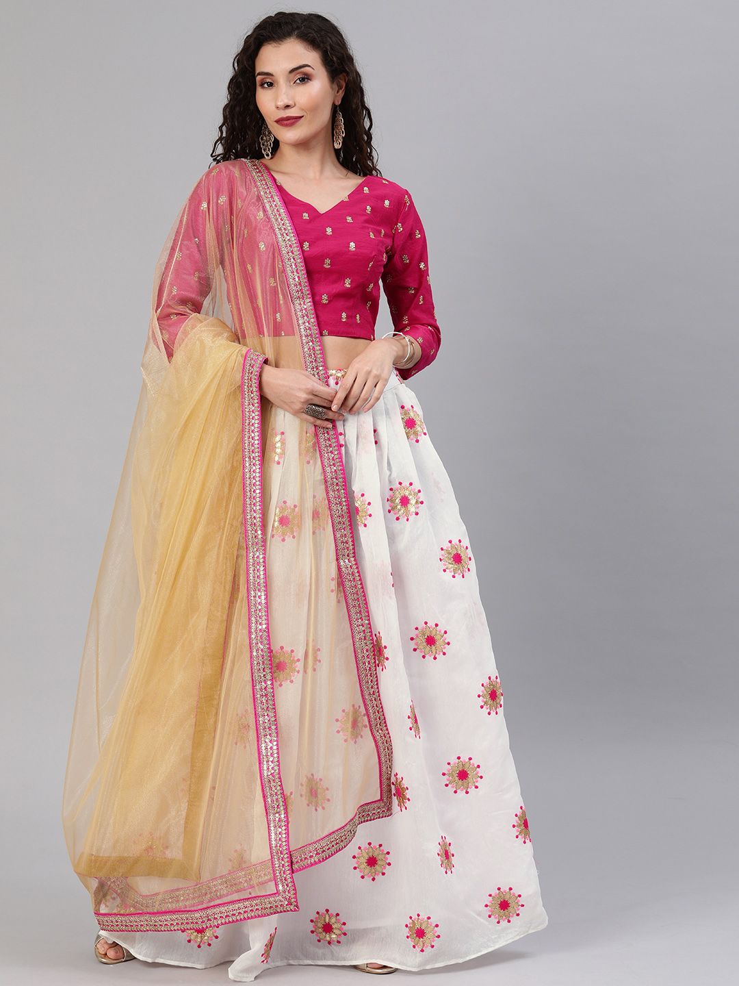 EthnoVogue Pink & White Embroidered Made to Measure Lehenga & Blouse with Dupatta
