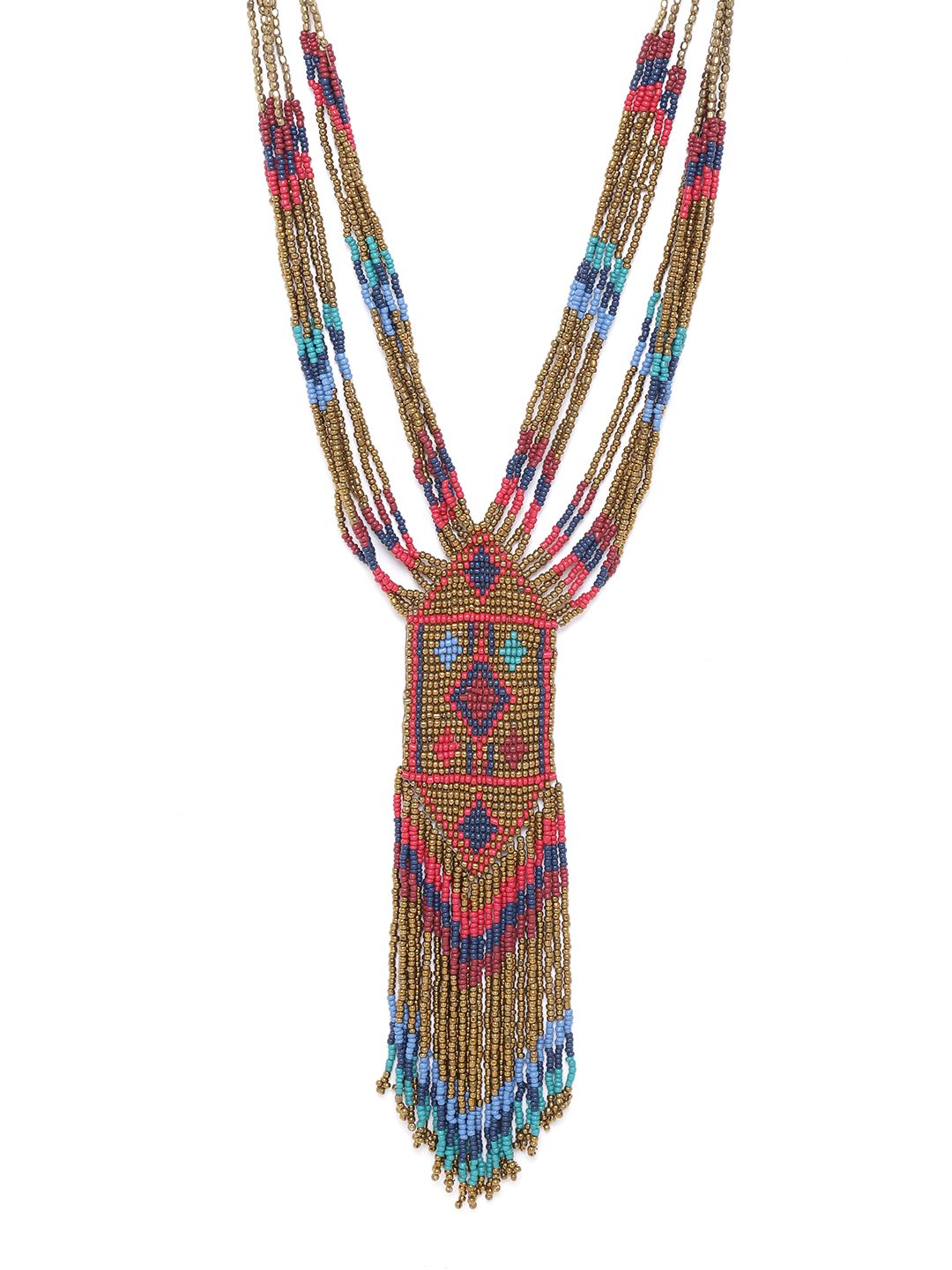 RICHEERA Pink & Blue Antique Gold-Plated Beaded Tasselled Multistranded Necklace Price in India