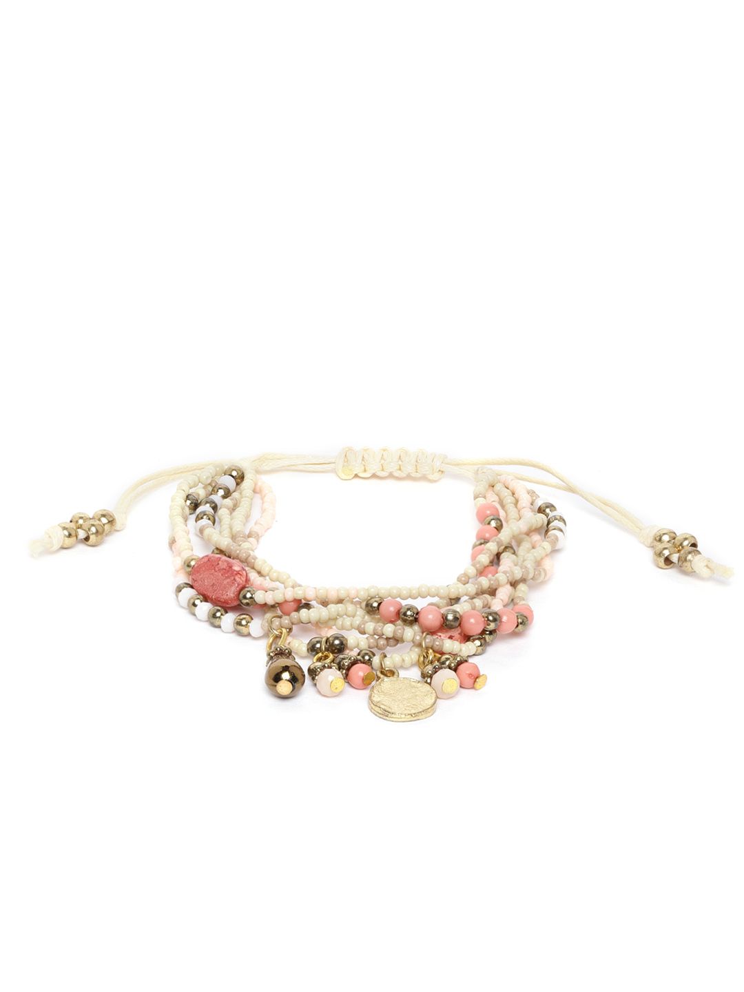 RICHEERA Peach-Coloured & Off-White Gold-Plated Beaded Multistranded Bracelet Price in India