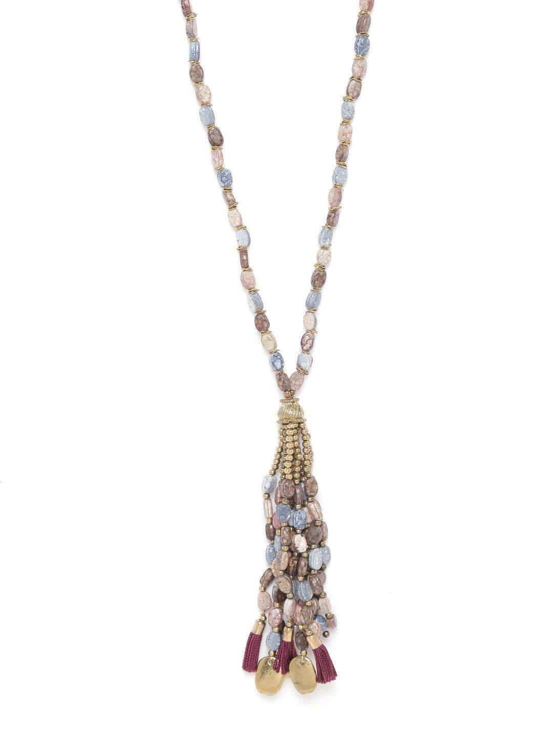 RICHEERA Women Brown & Grey Gold-Plated Beaded Tasselled Necklace Price in India