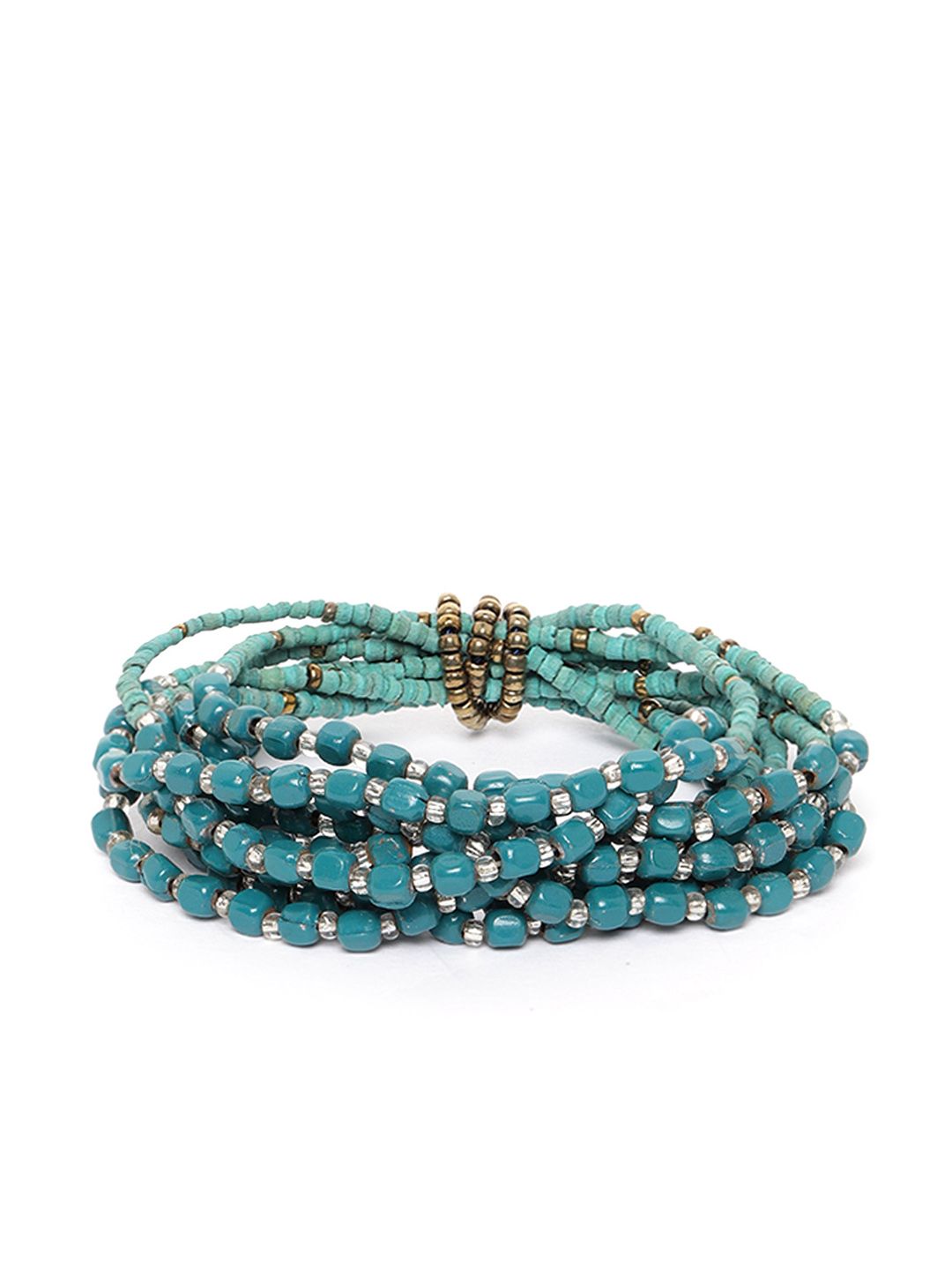 RICHEERA Teal Green & Antique Gold-Toned Beaded Multistranded Elasticated Bracelet Price in India