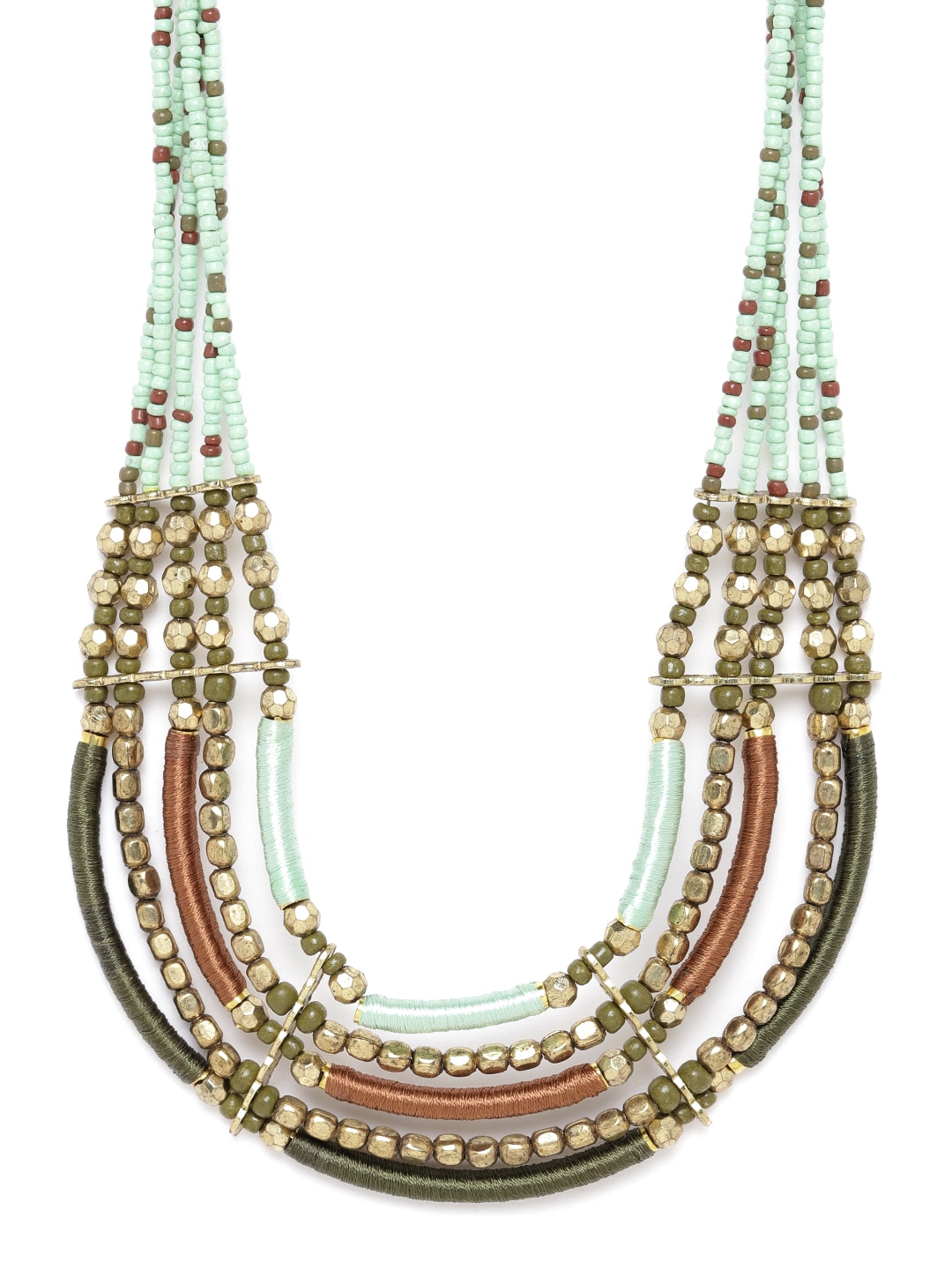RICHEERA Women Green & Copper-Toned Antique Gold-Plated Beaded Layered Tribal Necklace Price in India