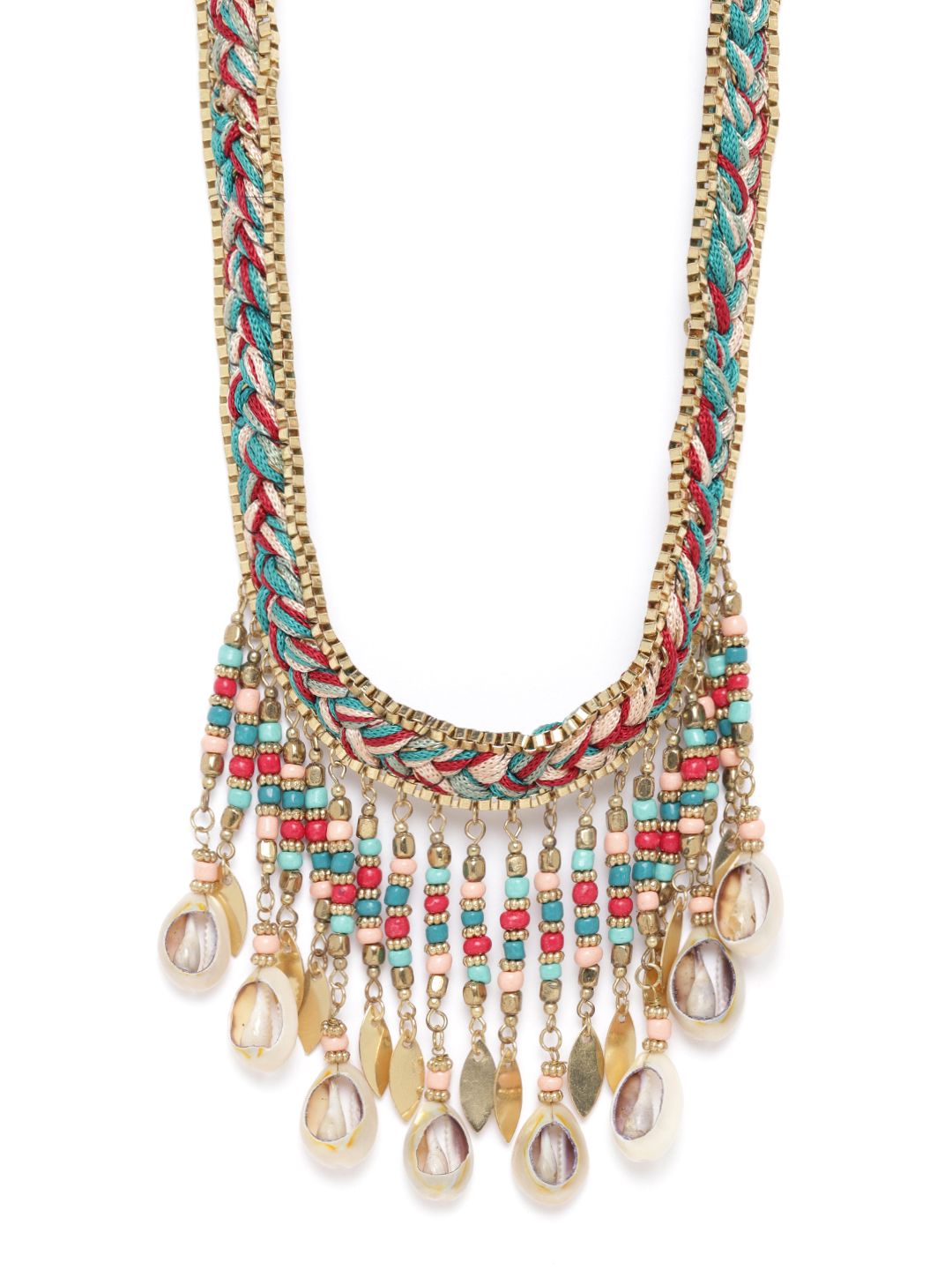 RICHEERA Women Green & Peach-Coloured Gold-Plated Beaded Sea Shell Detail Tribal Necklace Price in India