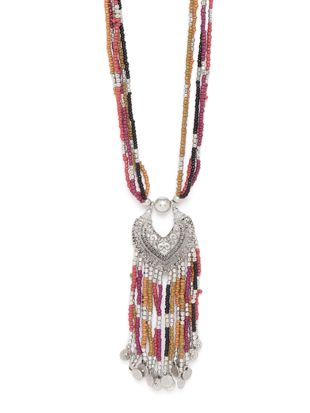 RICHEERA Women Multicoloured Oxidised Silver-Plated Beaded Tasselled Tribal Necklace Price in India