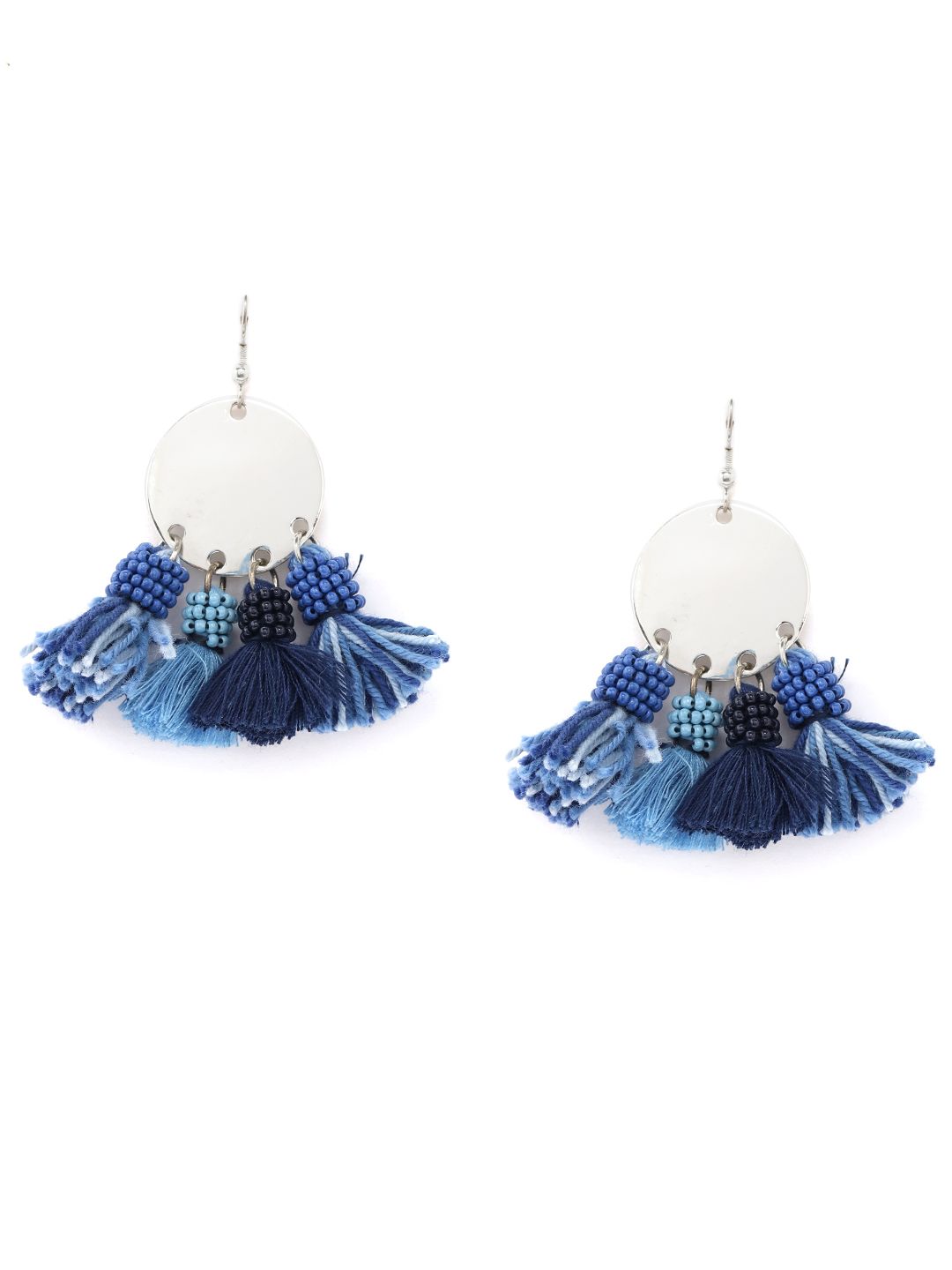 RICHEERA Blue Silver-Plated Tasselled Beaded Circular Drop Earrings Price in India