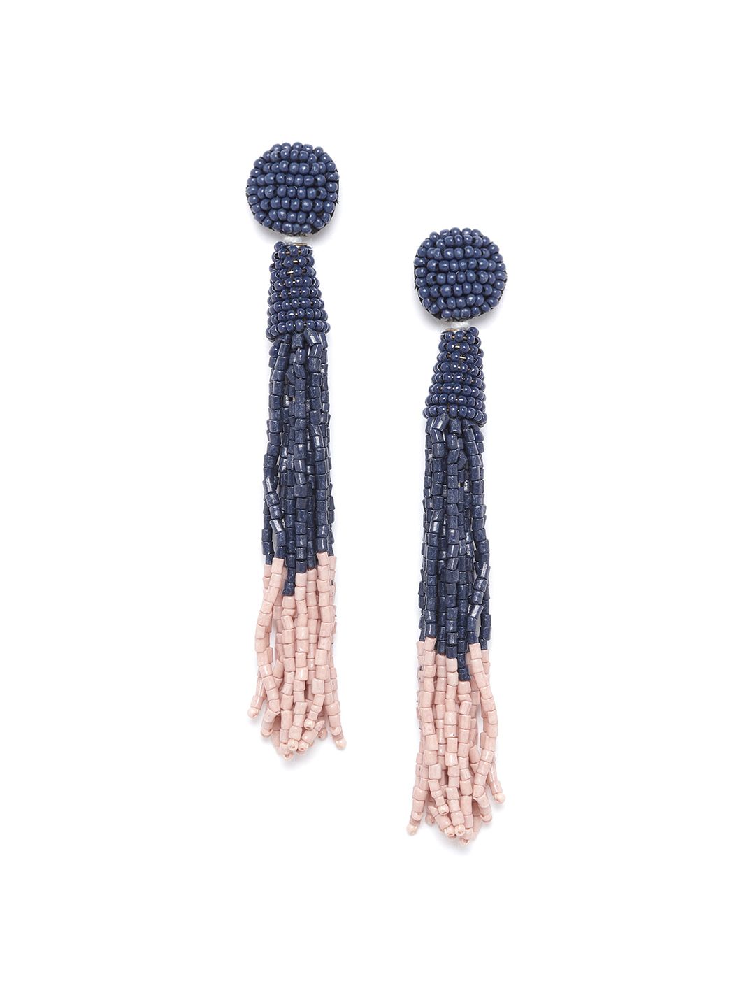 RICHEERA Navy Blue & Peach-Coloured Colourblocked Beaded Tasselled Drop Earrings Price in India