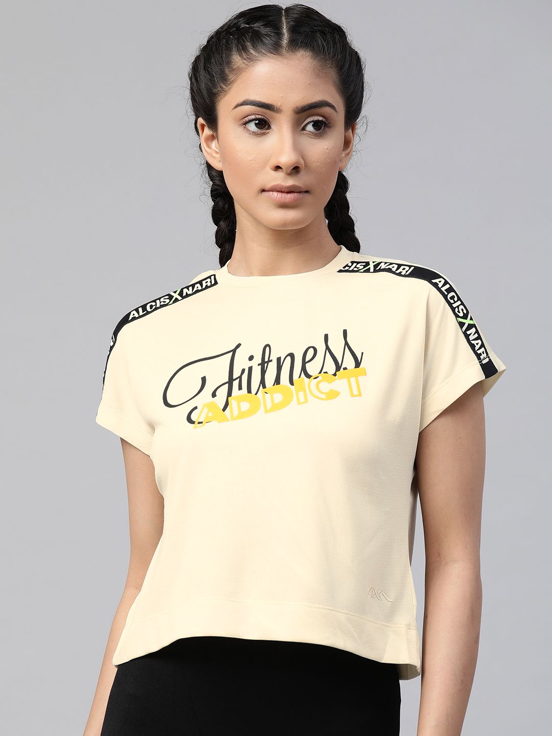 Alcis Women Cream-Coloured & Black Printed Round Neck T-shirt Price in India