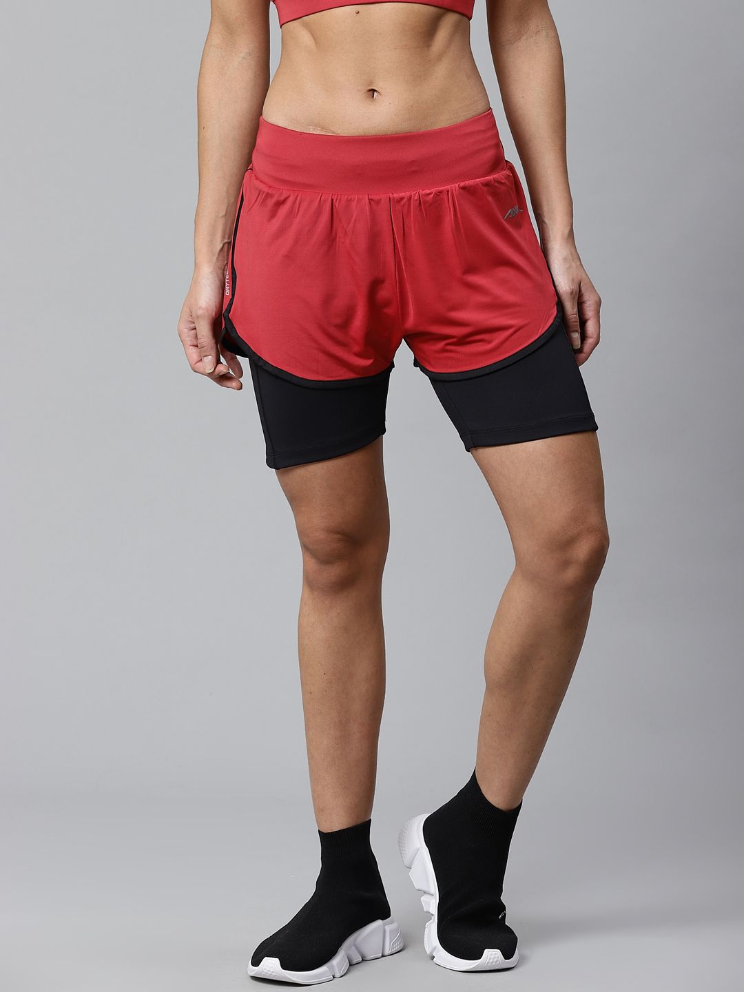 Alcis Women Maroon & Black Colourblocked Regular Fit Sports Shorts Price in India