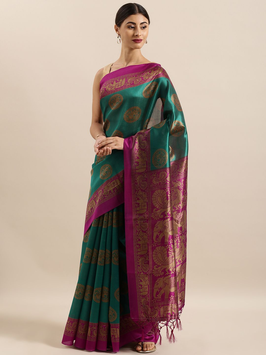 KALINI Green & Magenta Silk Cotton Printed Kalamkari Khadi Saree