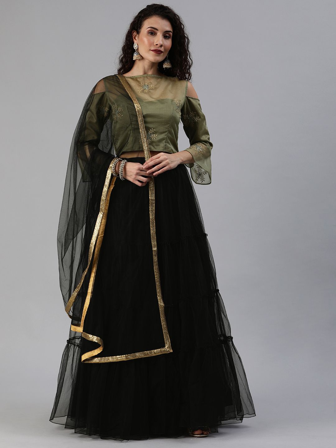 Bollywood Vogue Green & Black Embellished Made to Measure Lehenga & Blouse with Dupatta