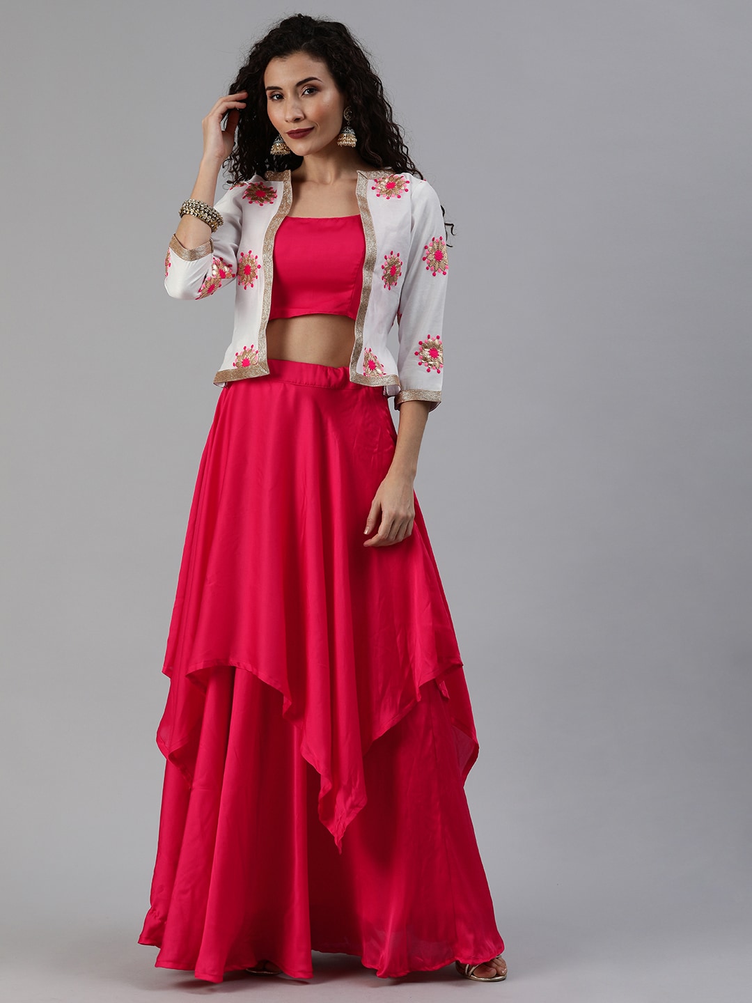 EthnoVogue Pink Solid Made to Measure Lehenga with Blouse & Ethnic Jacket Price in India