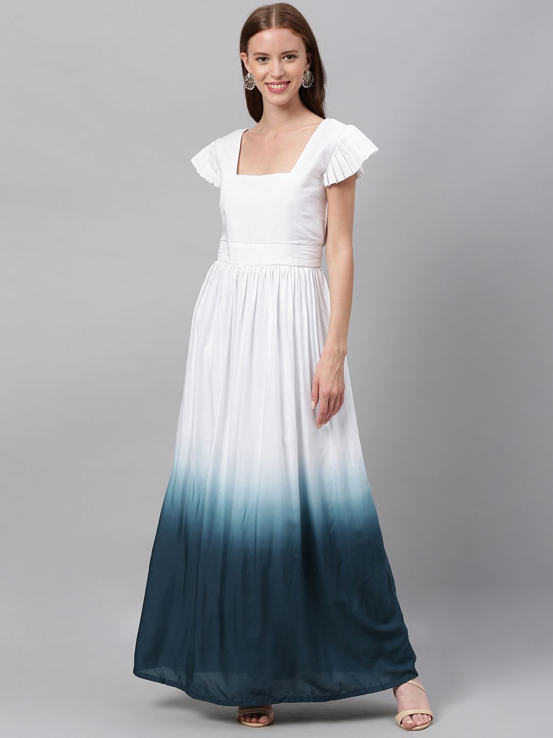 EthnoVogue Women White & Blue Dyed Maxi Made To Measure Dress Price in India
