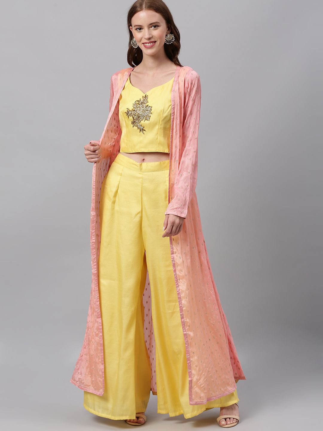 EthnoVogue Women Yellow Embellished Made To Measure Top with Palazzos Price in India