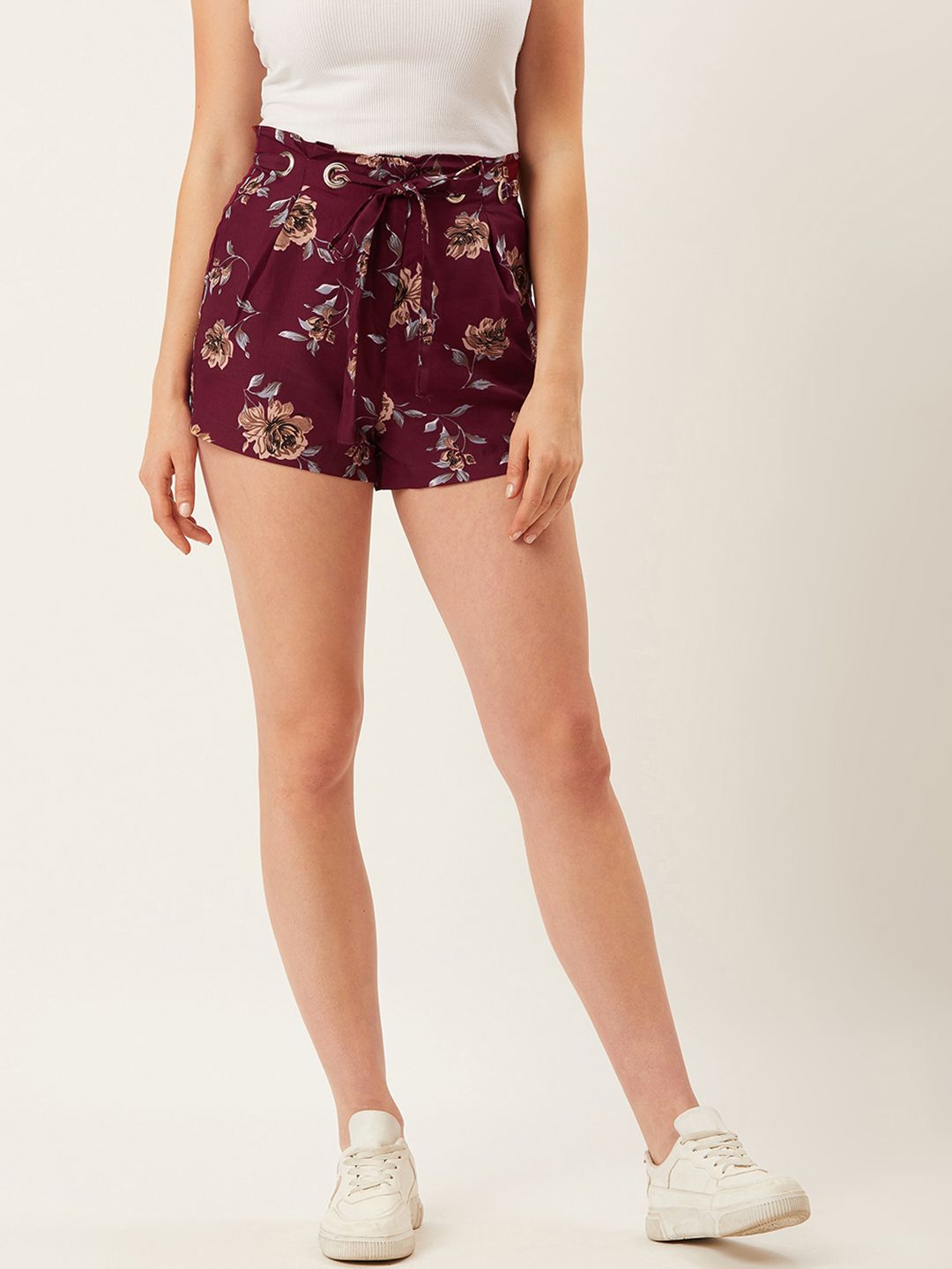 Alsace Lorraine Paris Women Burgundy & Peach-Coloured Floral Printed Regular Fit Shorts