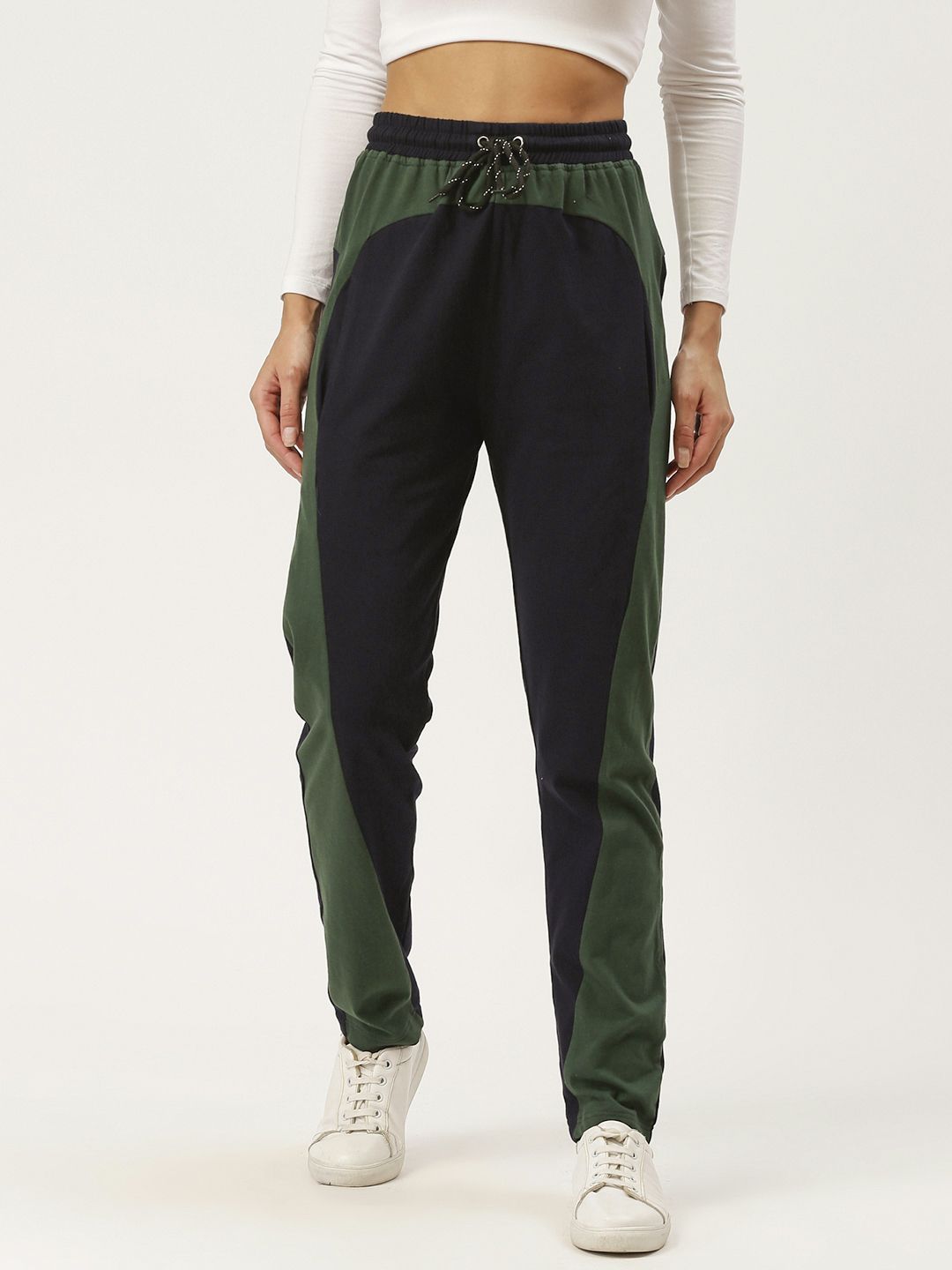 Alsace Lorraine Paris Women Navy Blue & Olive Green Colourblocked Track Pants Price in India