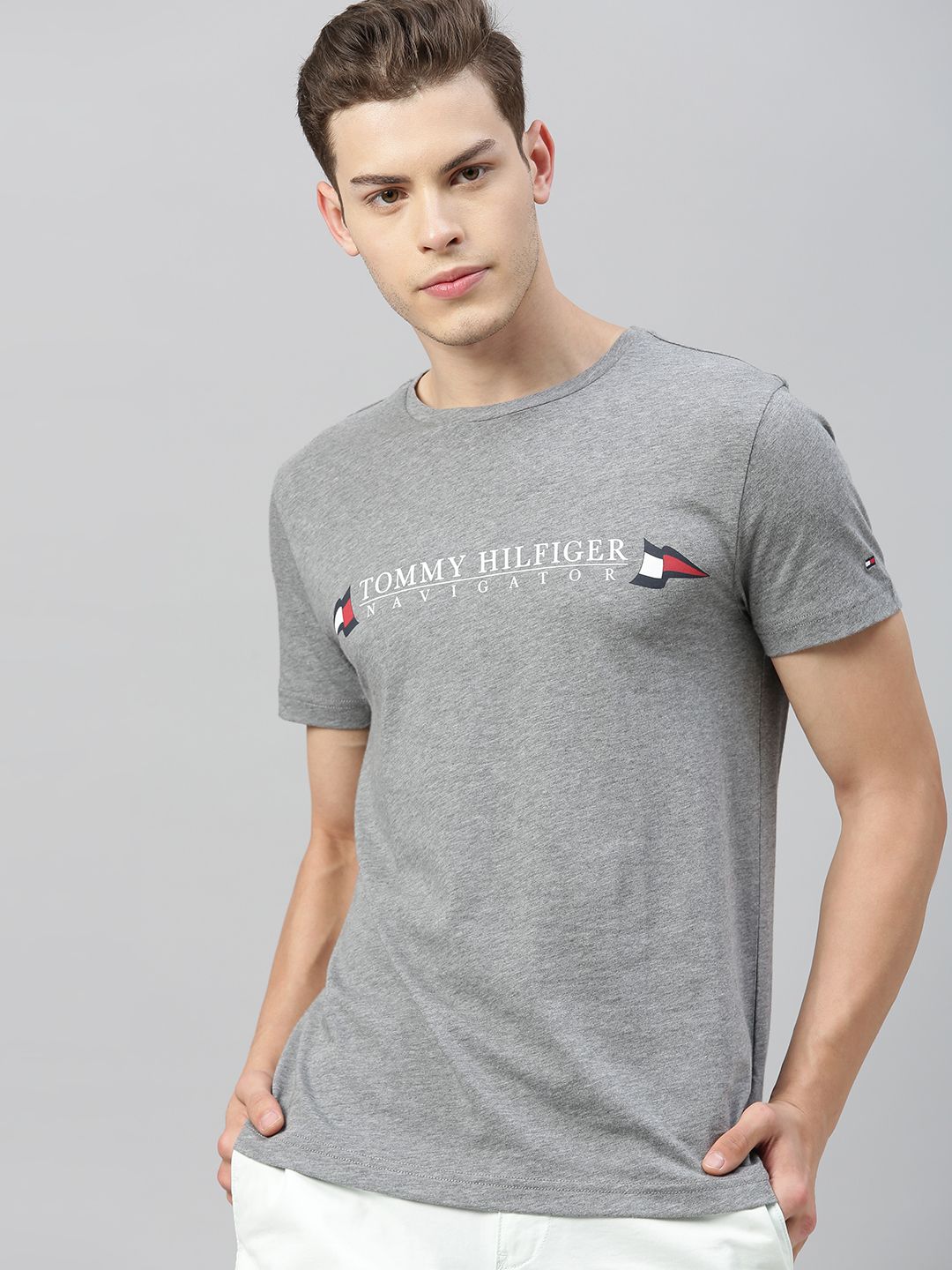 Tommy Hilfiger Men Grey Printed Round Neck T-shirt