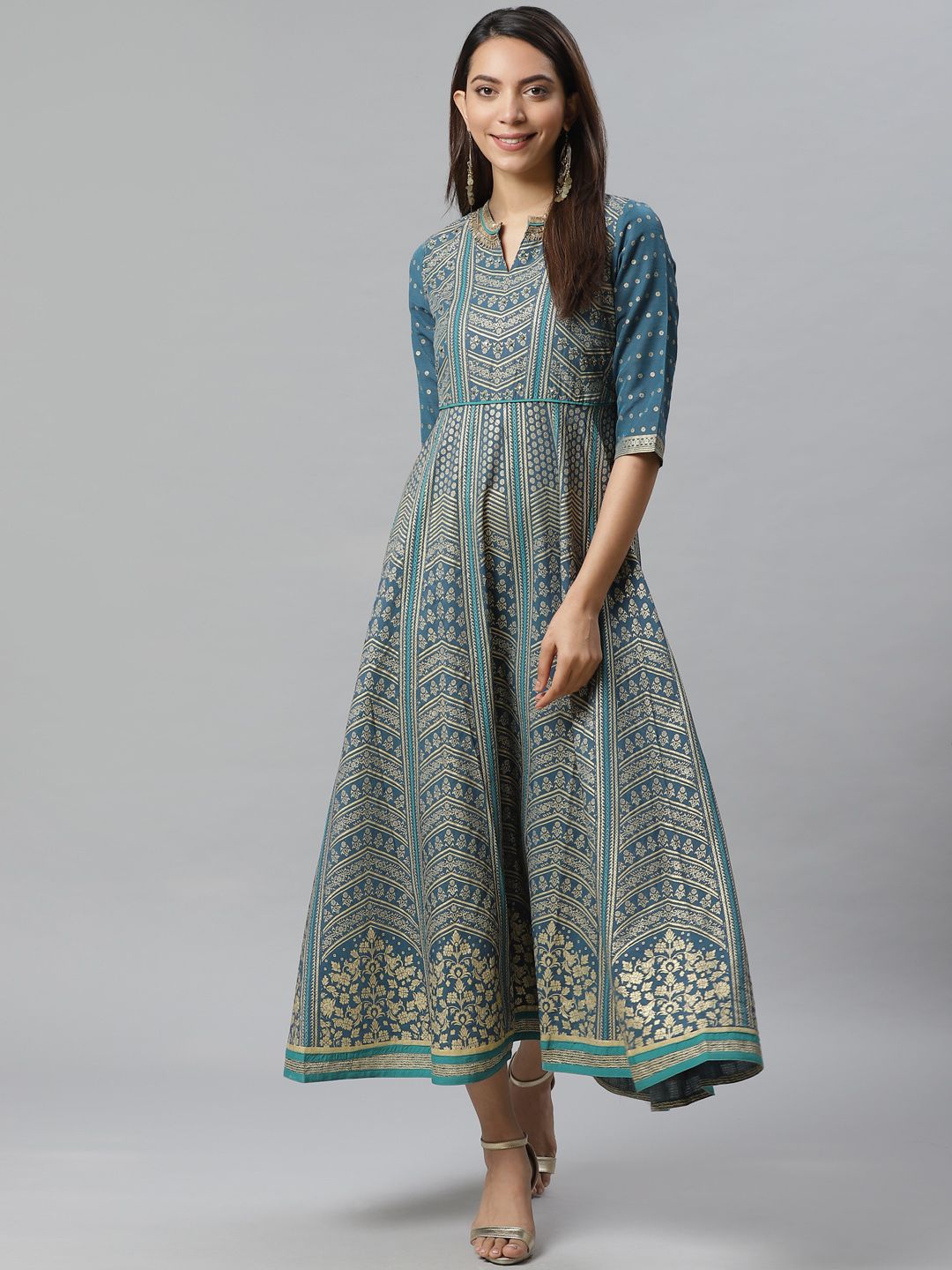 AURELIA Women Teal Blue & Golden Printed Maxi Dress