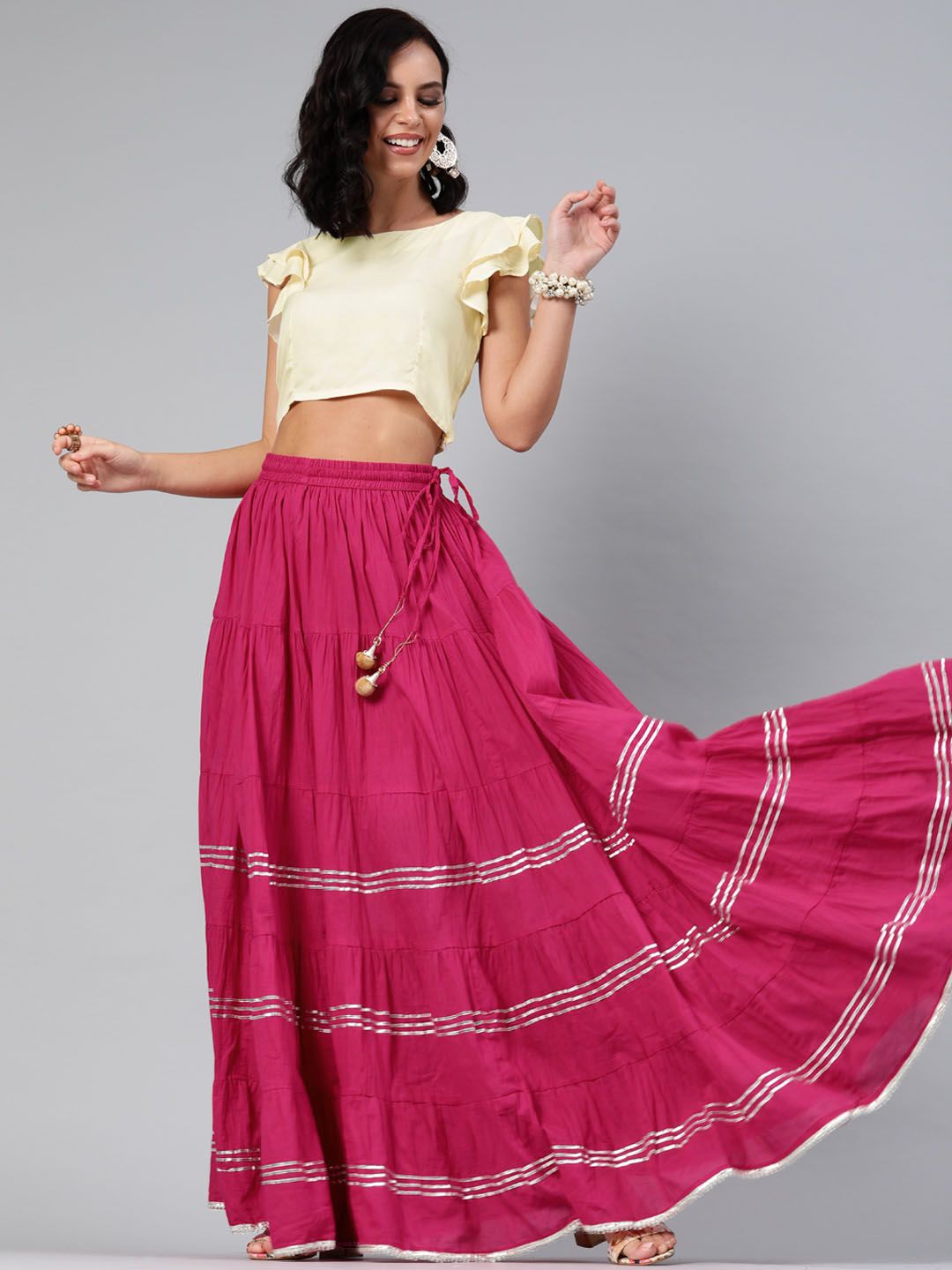 Geroo Jaipur Hand Crafted flared Pink Pure Cotton Skirt with White Crop Top Price in India