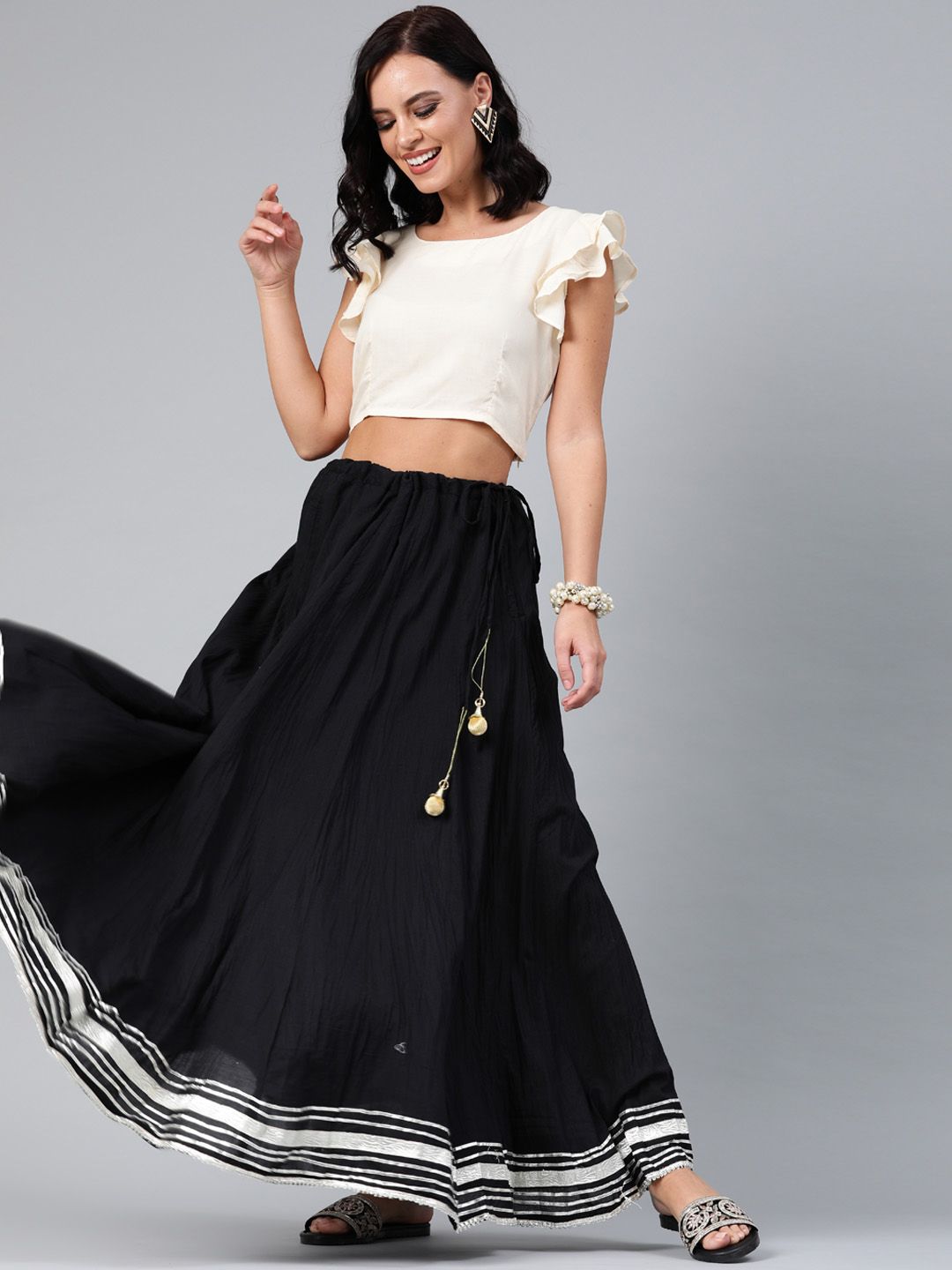 Geroo Jaipur Hand Crafted flared Black Pure Cotton Skirt with White Crop Top Price in India