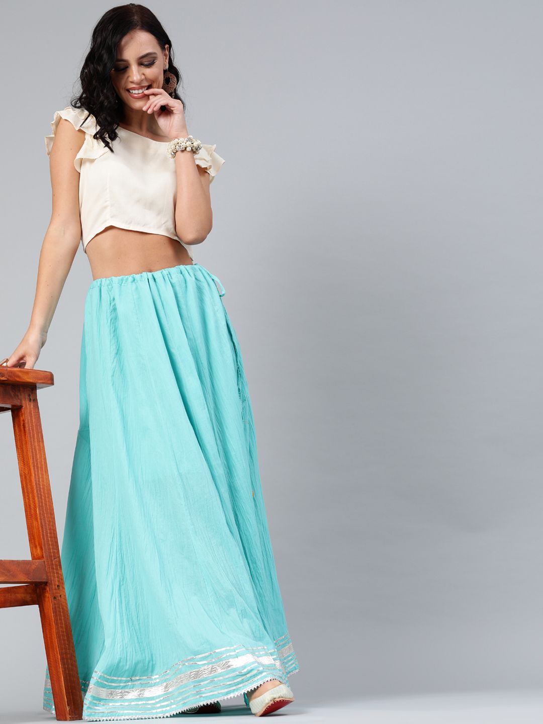 Geroo Jaipur Hand Crafted flared Aqua Blue Pure Cotton Skirt with White Crop Top Price in India