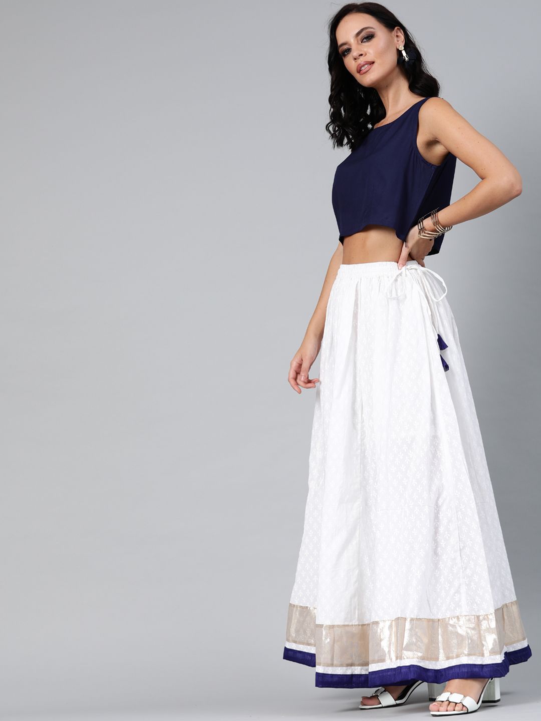 Geroo Jaipur White Pure Cotton long Skirt with Navy Blue Crop Top Price in India