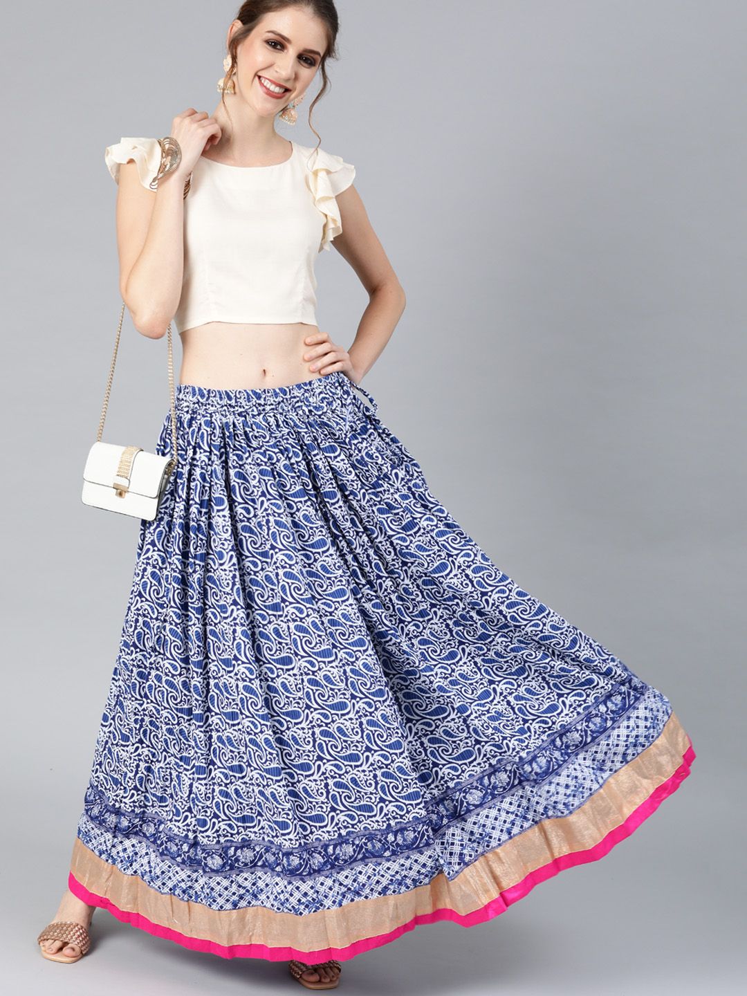 Geroo Jaipur Blue Hand Block Printed Pure Cotton Skirt with White Crop Top Price in India