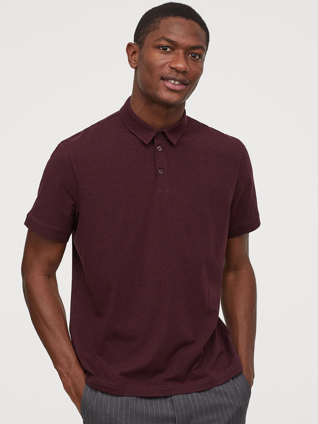 H&M Men Burgundy Solid Polo Shirt Slim Fit