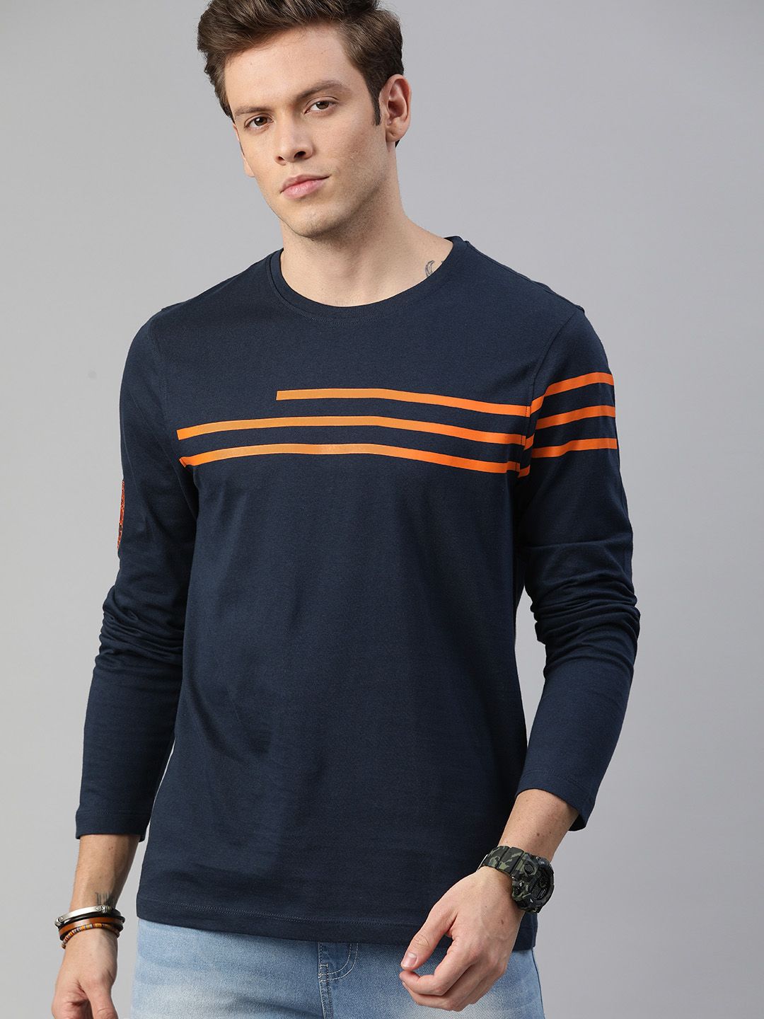 Roadster Men Navy Blue & Orange Striped Round Neck T-shirt
