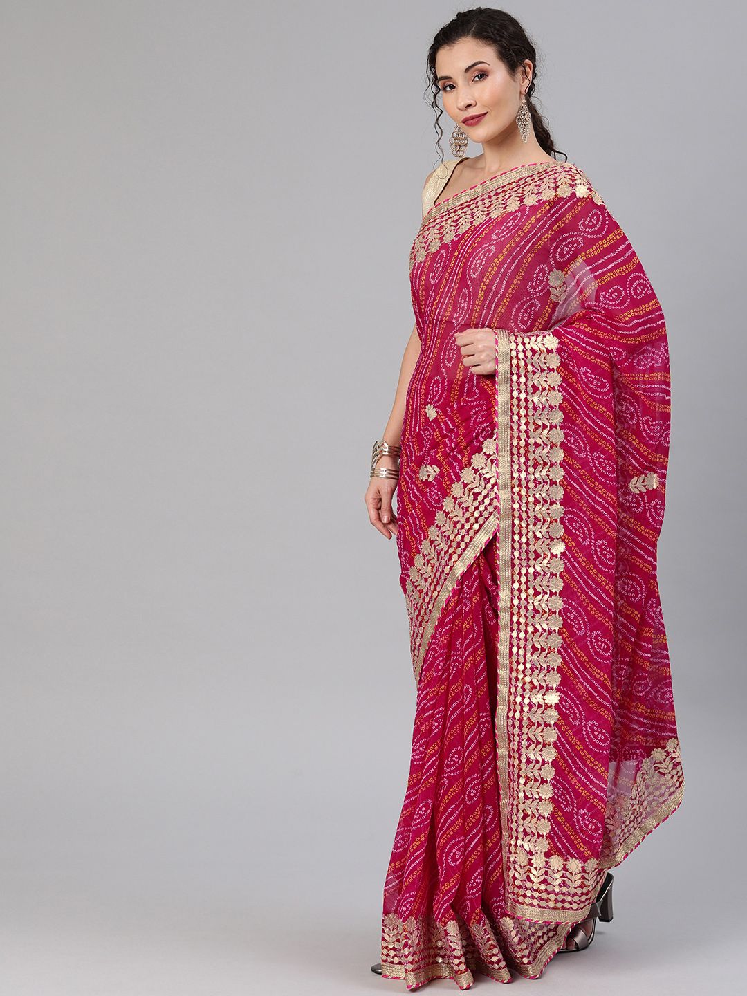 Mitera Hand Dyed Magenta Bandhani Georgette Saree Price in India