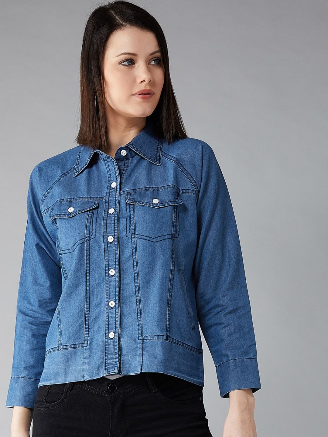 DOLCE CRUDO Women Blue Solid Denim Jacket Price in India