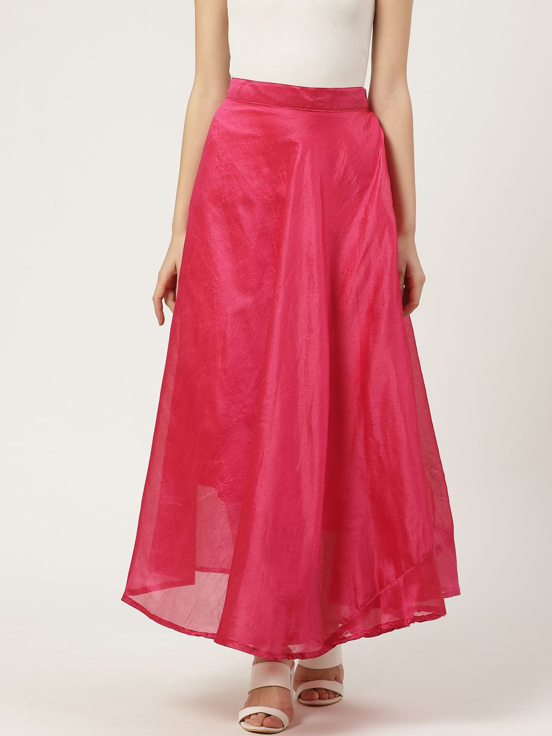 Vastraa Fusion Women Pink Solid Chanderi Flared Maxi Skirt