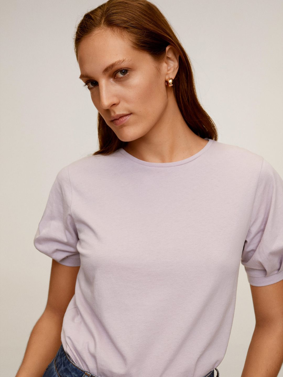 MANGO Women Lavender Solid Round Neck T-shirt