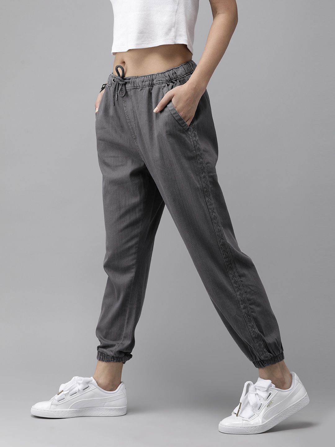 Roadster Women Grey Regular Fit Solid Cropped Joggers Price in India