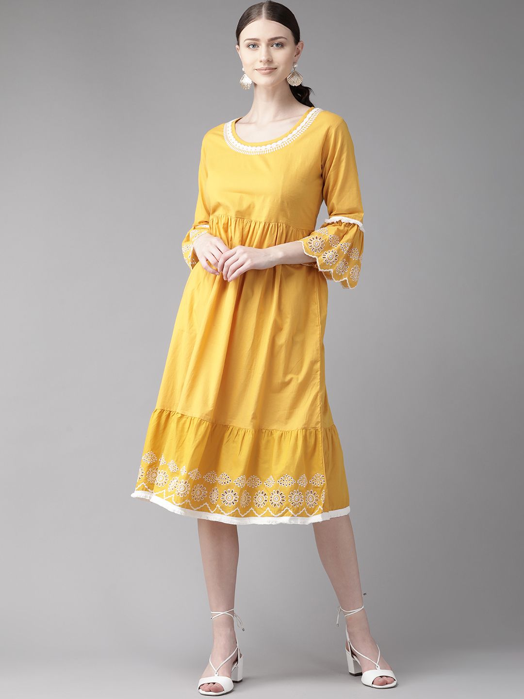 Bhama Couture Women Mustard Yellow Solid A-Line Dress Price in India