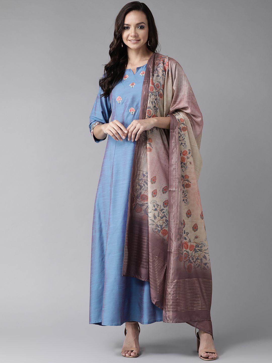 Shree Women Blue Yoke Design Dual-Toned Maxi Dress with Dupatta