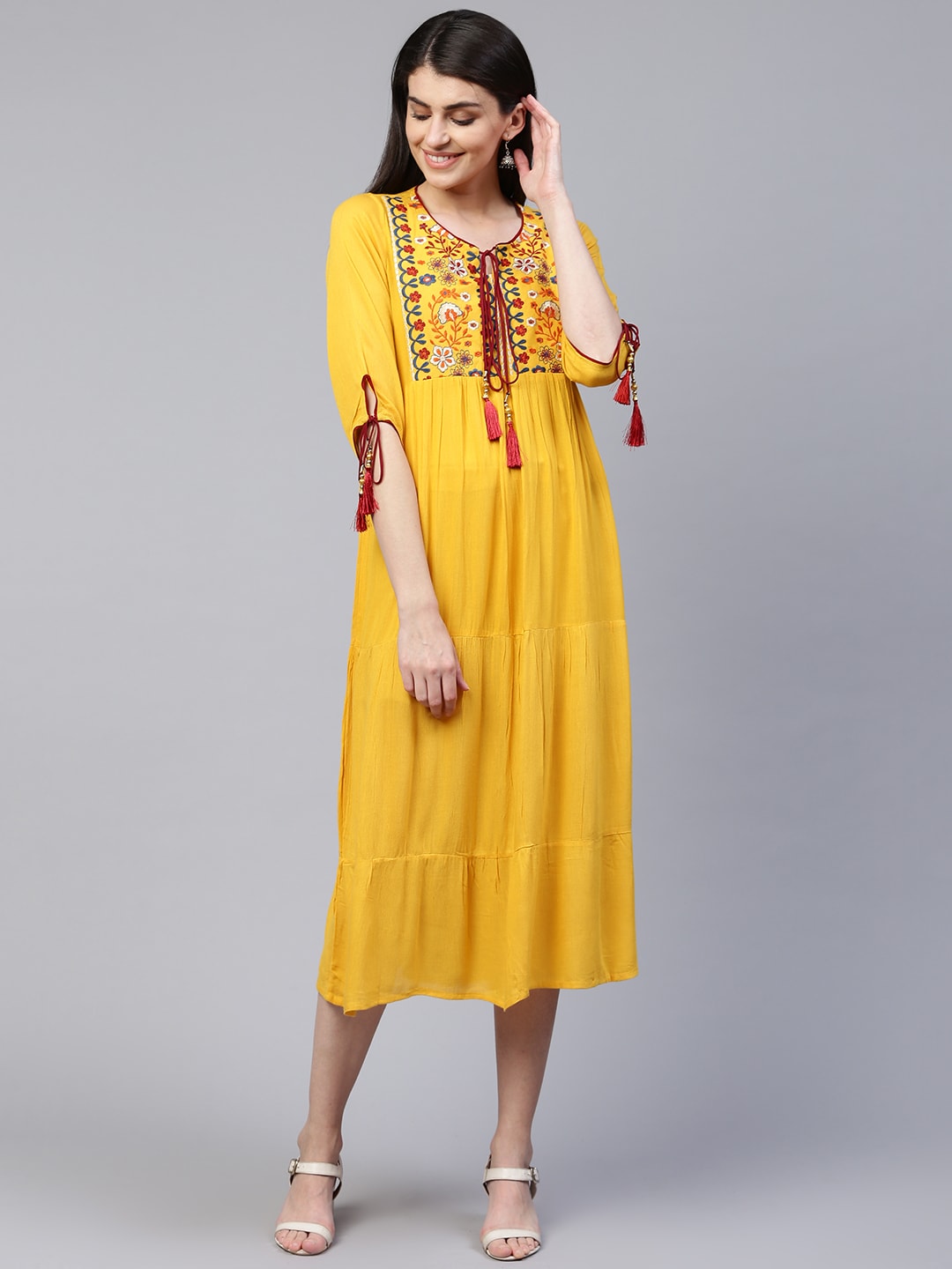 RANGMAYEE Women Yellow Yoke Design Tiered A-Line Dress Price in India