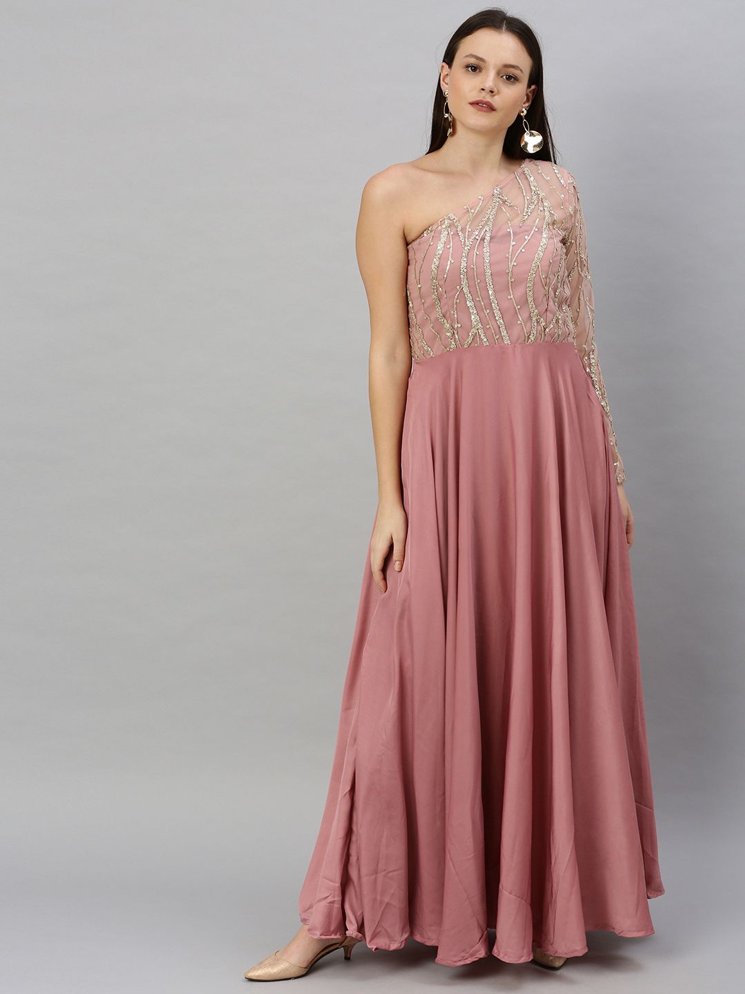 EthnoVogue Women Mauve & Golden Embellished Maxi Made To Measure Dress with Gathers Price in India