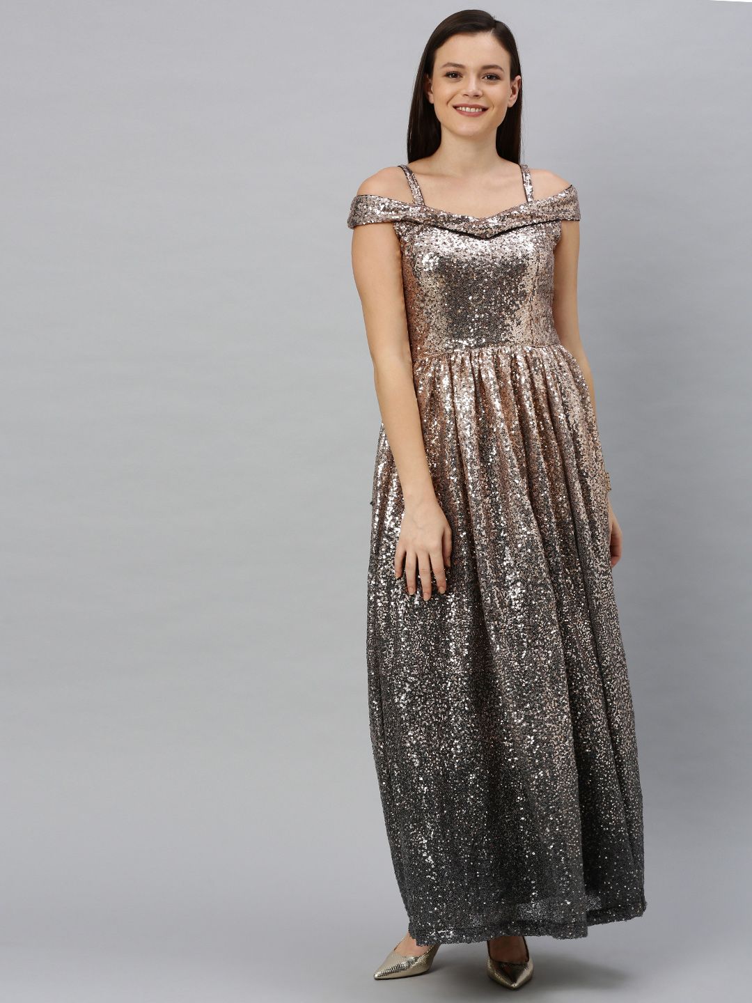 EthnoVogue Women Black & Pink Sequins Embellished Made To Measure Maxi Dress Price in India